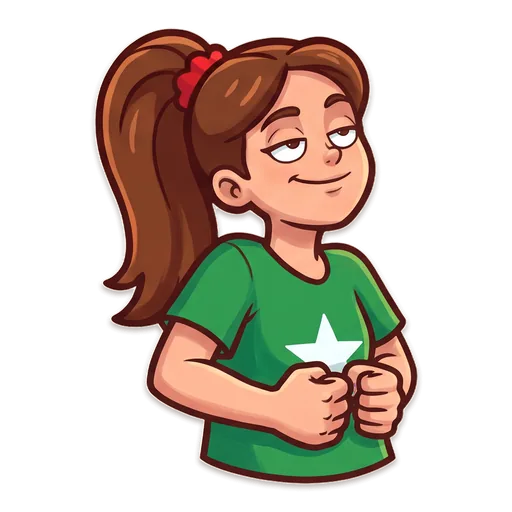 Cousin Kylie with her brown ponytail and green star T-shirt, smirking after another bon bon win.