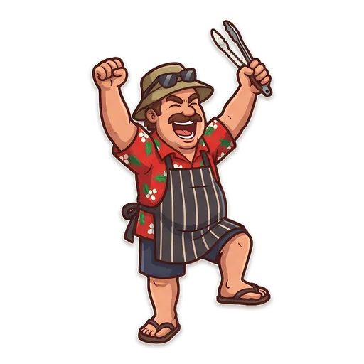 Dad cheering with his tongs in the air after a snag lands right on the hotplate.