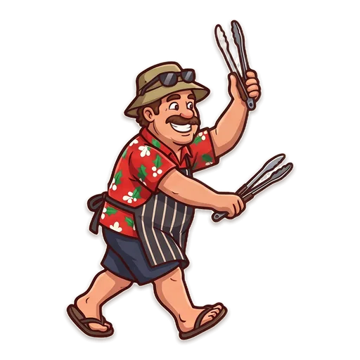 Dad flipping a sausage on the barbecue with his tongs, dinner nearly ready.