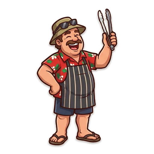 Dad in his Hawaiian shirt and hat holding up the barbecue tongs, ready for snags.