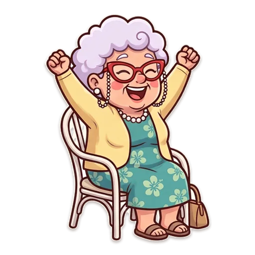 Nan in her floral dress and cardigan cheering from her cane chair.