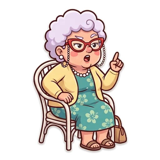 Nan in red glasses and pearls, sitting in her cane chair and wagging a finger with an opinion.