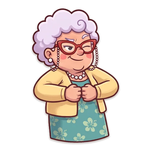 Nan with lilac curls and red glasses looking smug after winning the bon bon pull.