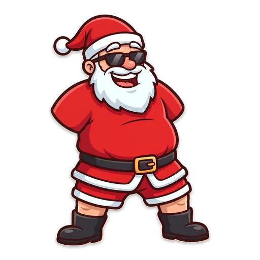 Sunburnt Santa pulling back a slingshot with a Christmas pudding, one eye on the target.