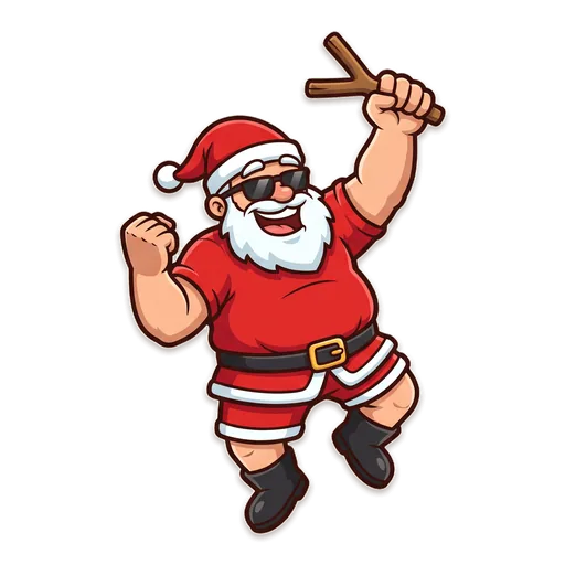 Sunburnt Santa in sunglasses and shorts punching the air with a wooden slingshot in his other hand.