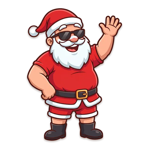 Sunburnt Santa in sunglasses, Santa hat and short sleeves, with white zinc cream on his nose, waving hello.
