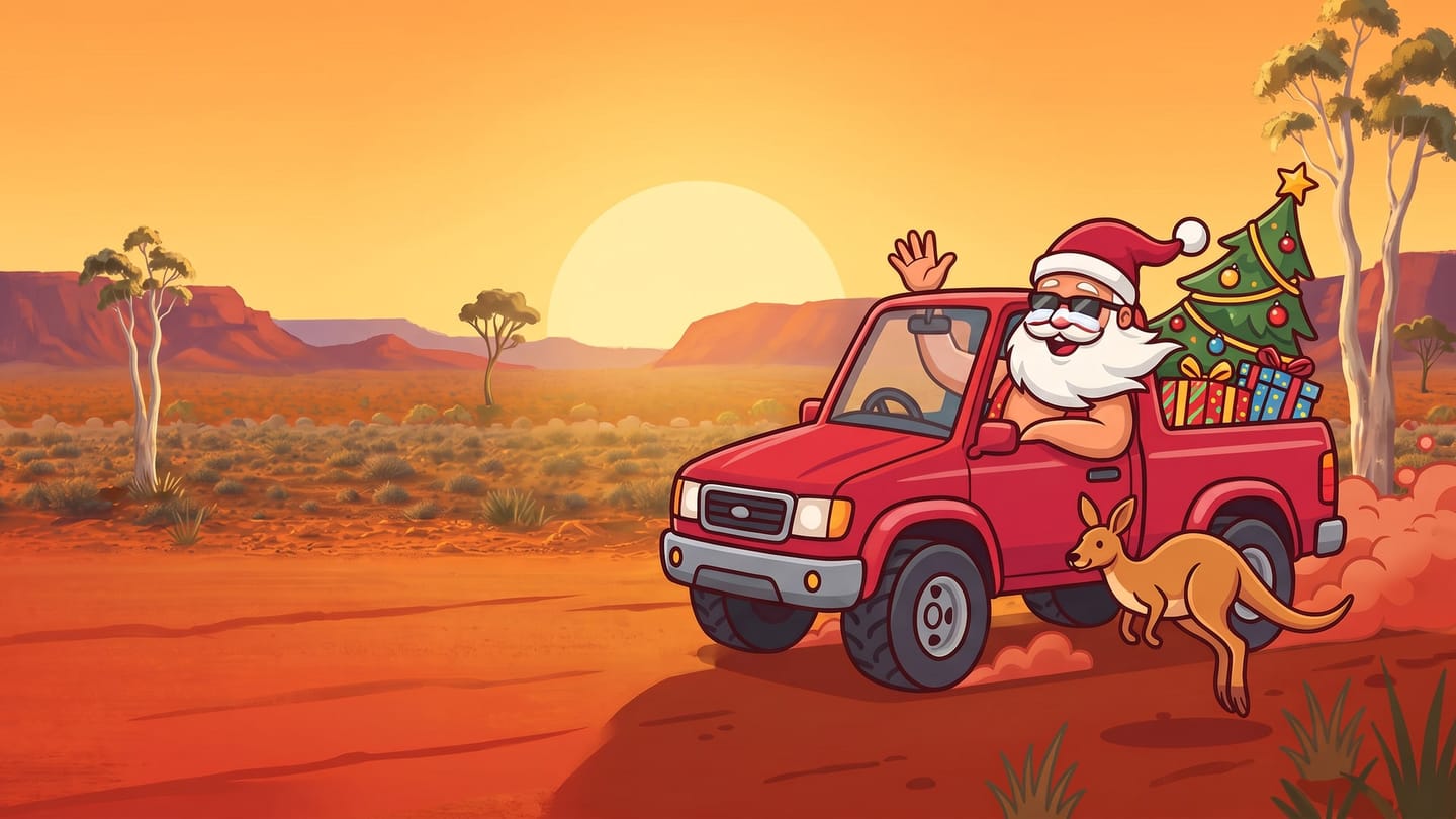 Sunburnt Santa in sunglasses, hat and zinc cream waving from a red ute with a Christmas tree in the tray as a kangaroo bounds alongside.