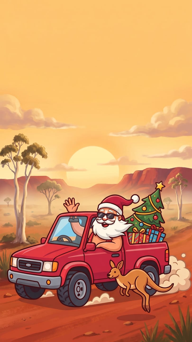 Portrait key art of Sunburnt Santa waving from his red ute in the outback, with a Christmas tree and presents in the tray.