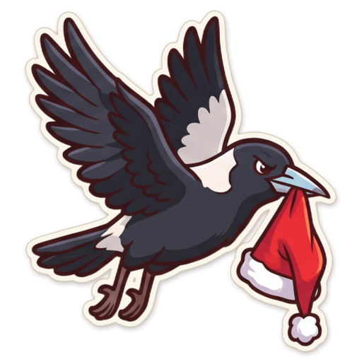 Sticker: Magpie swooping santa hat