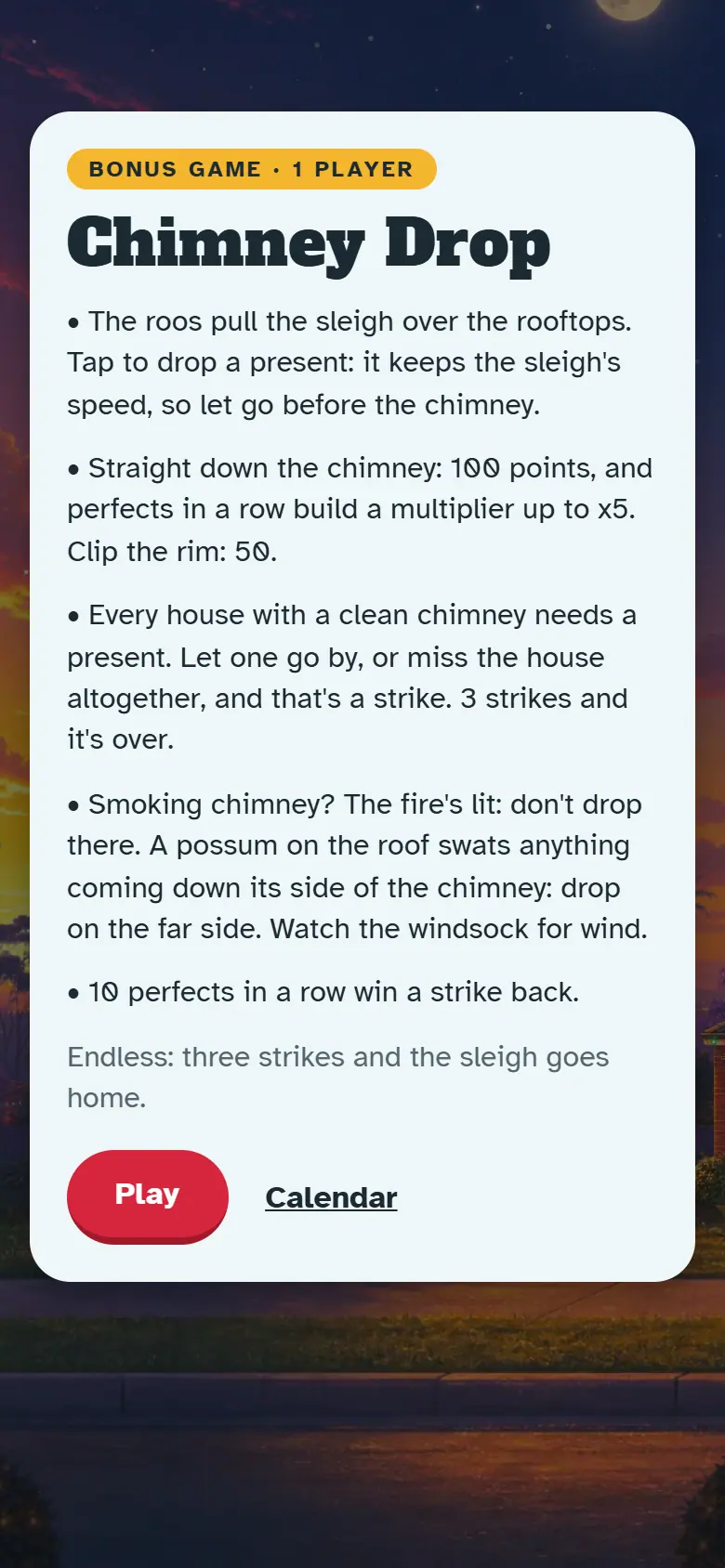 Intro screen for Chimney Drop: the painted scene behind the how-to-play card and the Play button.