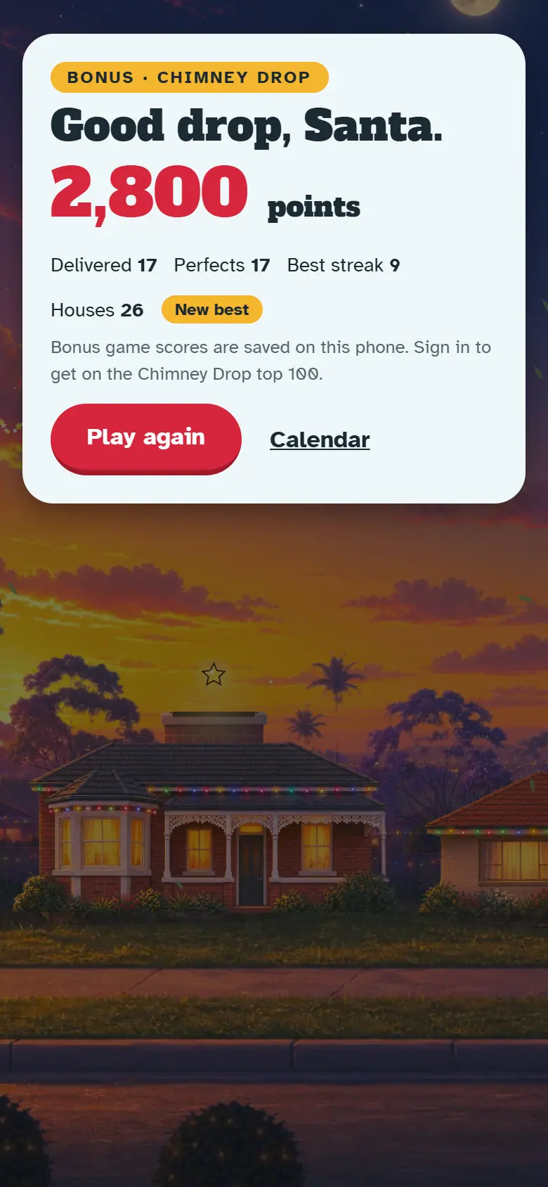 Results screen for Chimney Drop, with the score, stars, Play again and the share buttons.