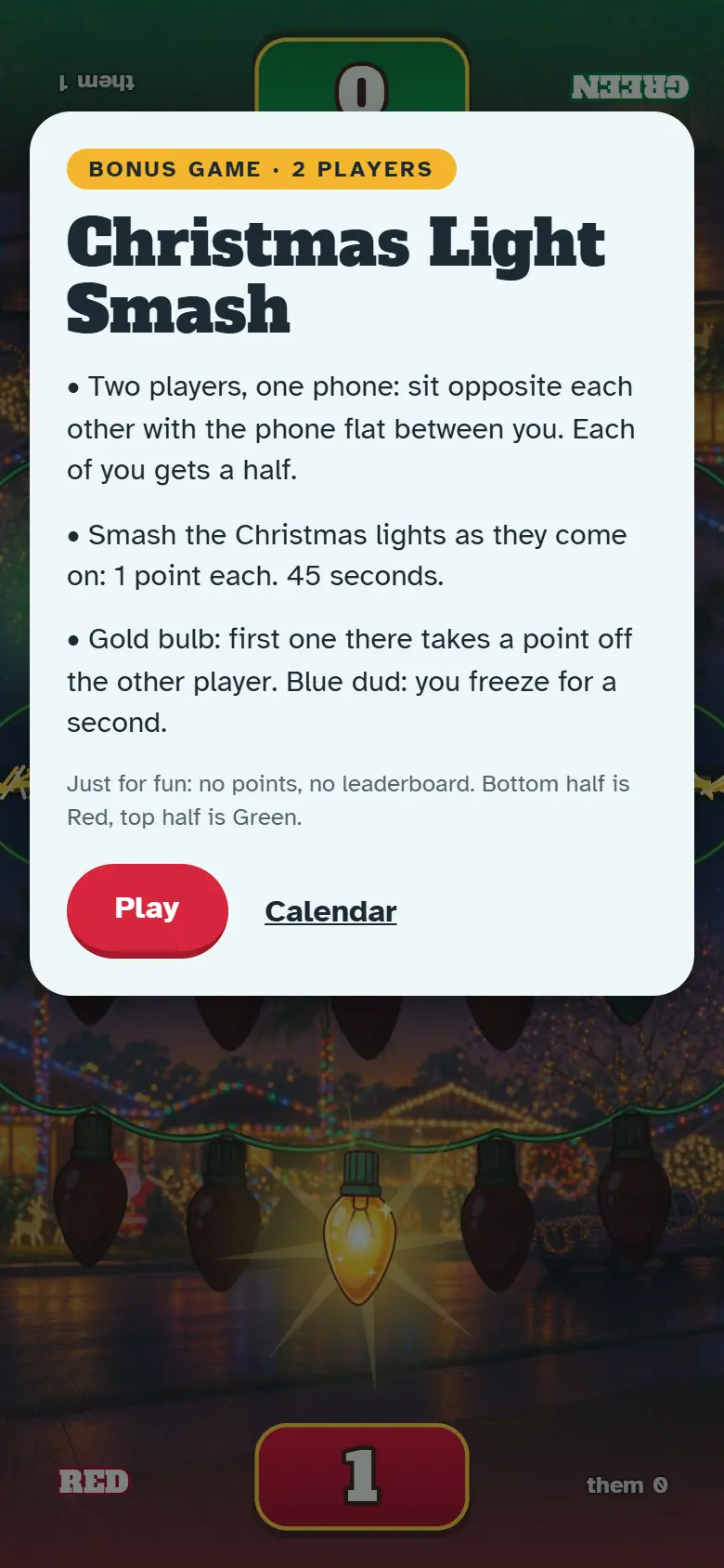 Intro screen for Christmas Light Smash: the painted scene behind the how-to-play card and the Play button.