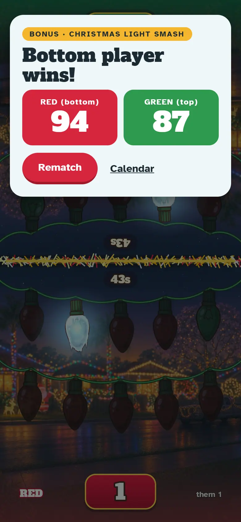 Results screen for Christmas Light Smash, with the score, stars, Play again and the share buttons.