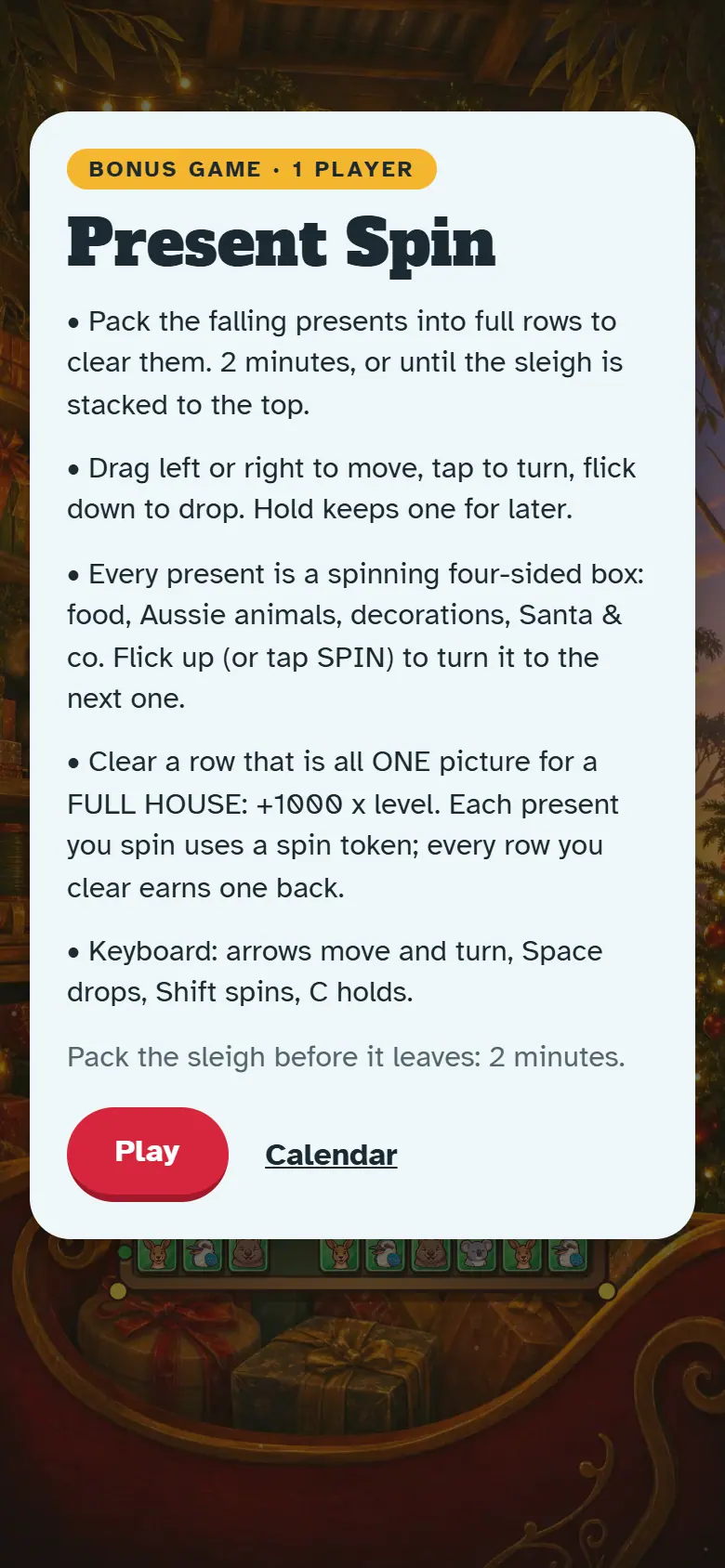 Intro screen for Present Spin: the painted scene behind the how-to-play card and the Play button.