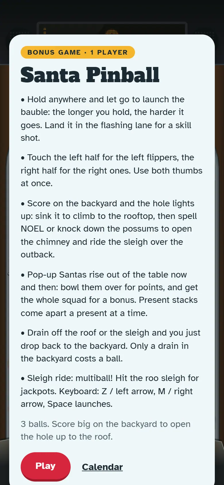 Intro screen for Santa Pinball: the painted scene behind the how-to-play card and the Play button.