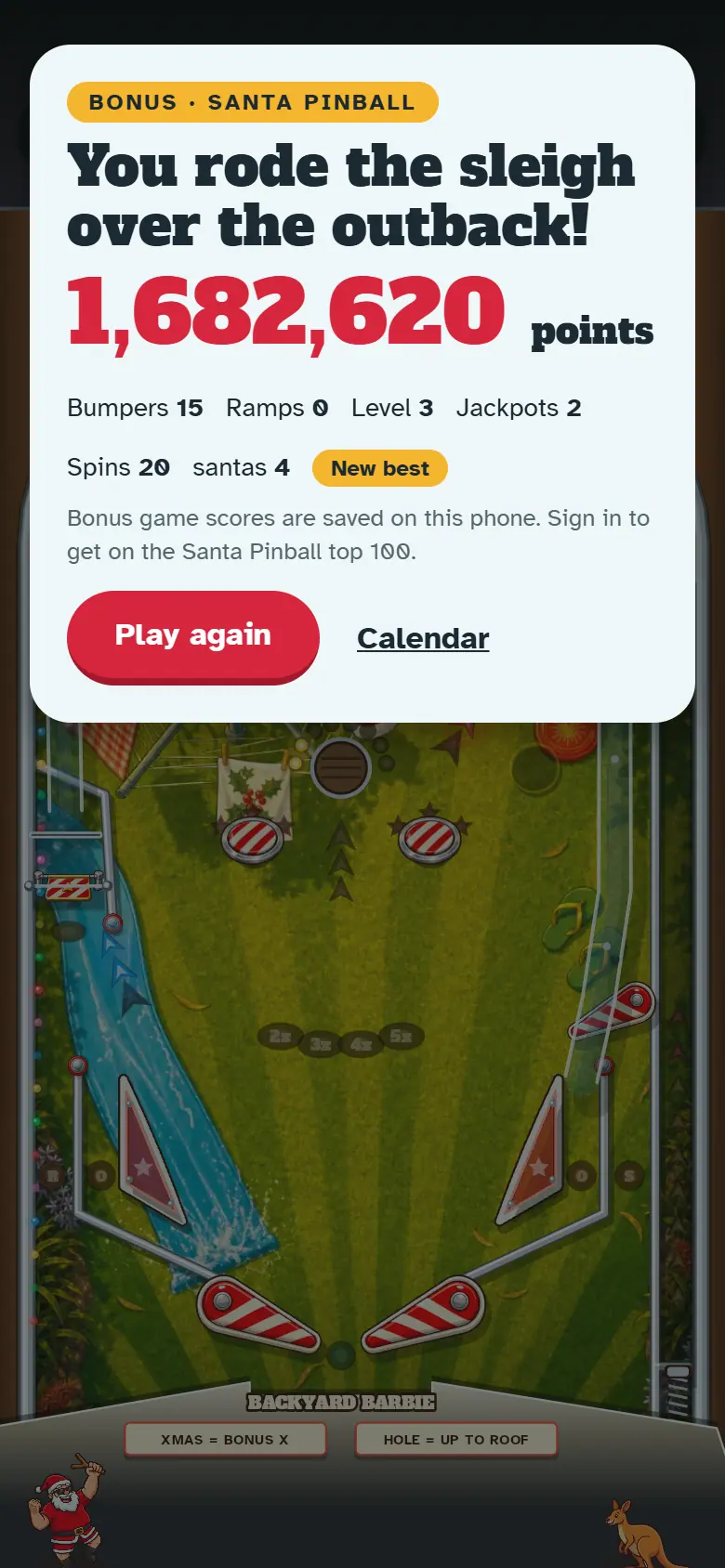 Results screen for Santa Pinball, with the score, stars, Play again and the share buttons.