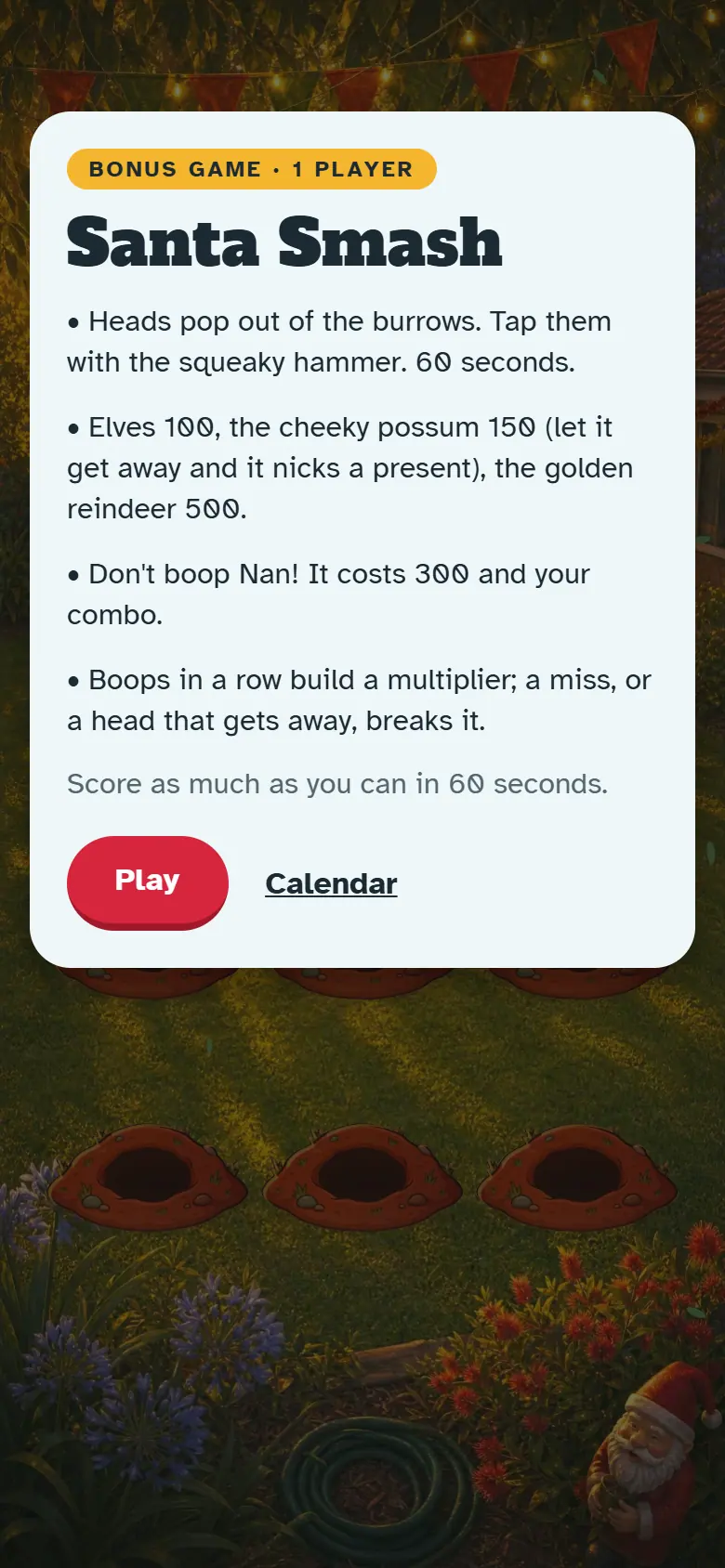Intro screen for Santa Smash: the painted scene behind the how-to-play card and the Play button.