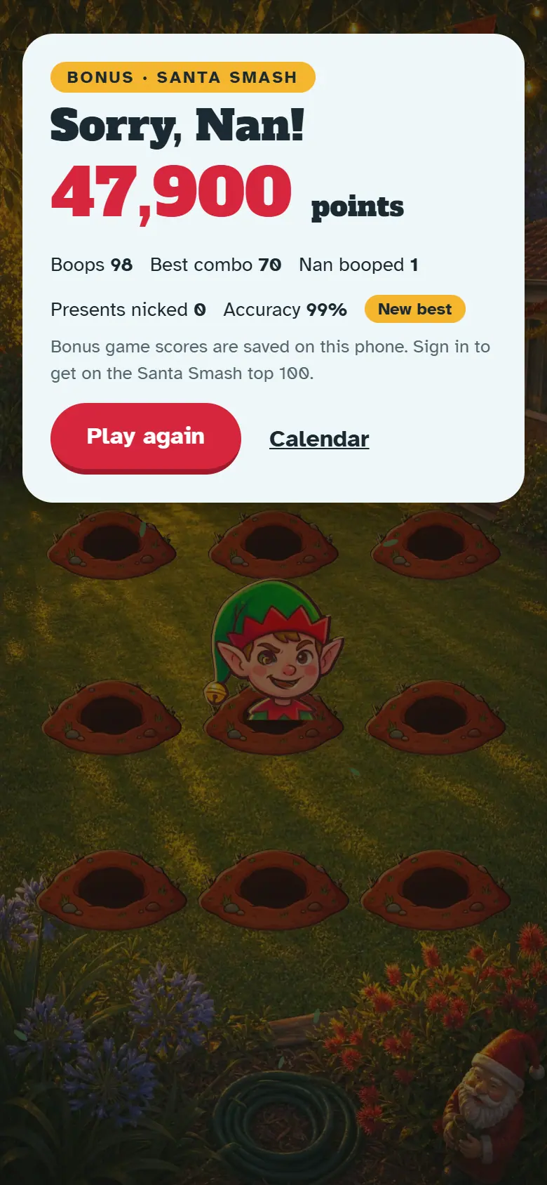 Results screen for Santa Smash, with the score, stars, Play again and the share buttons.
