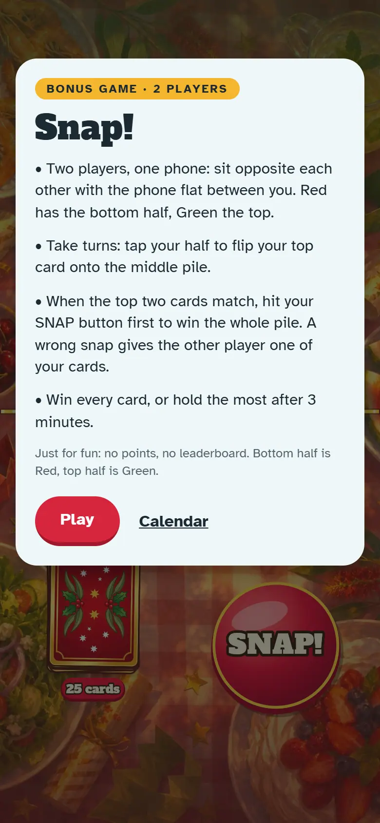 Intro screen for Snap!: the painted scene behind the how-to-play card and the Play button.