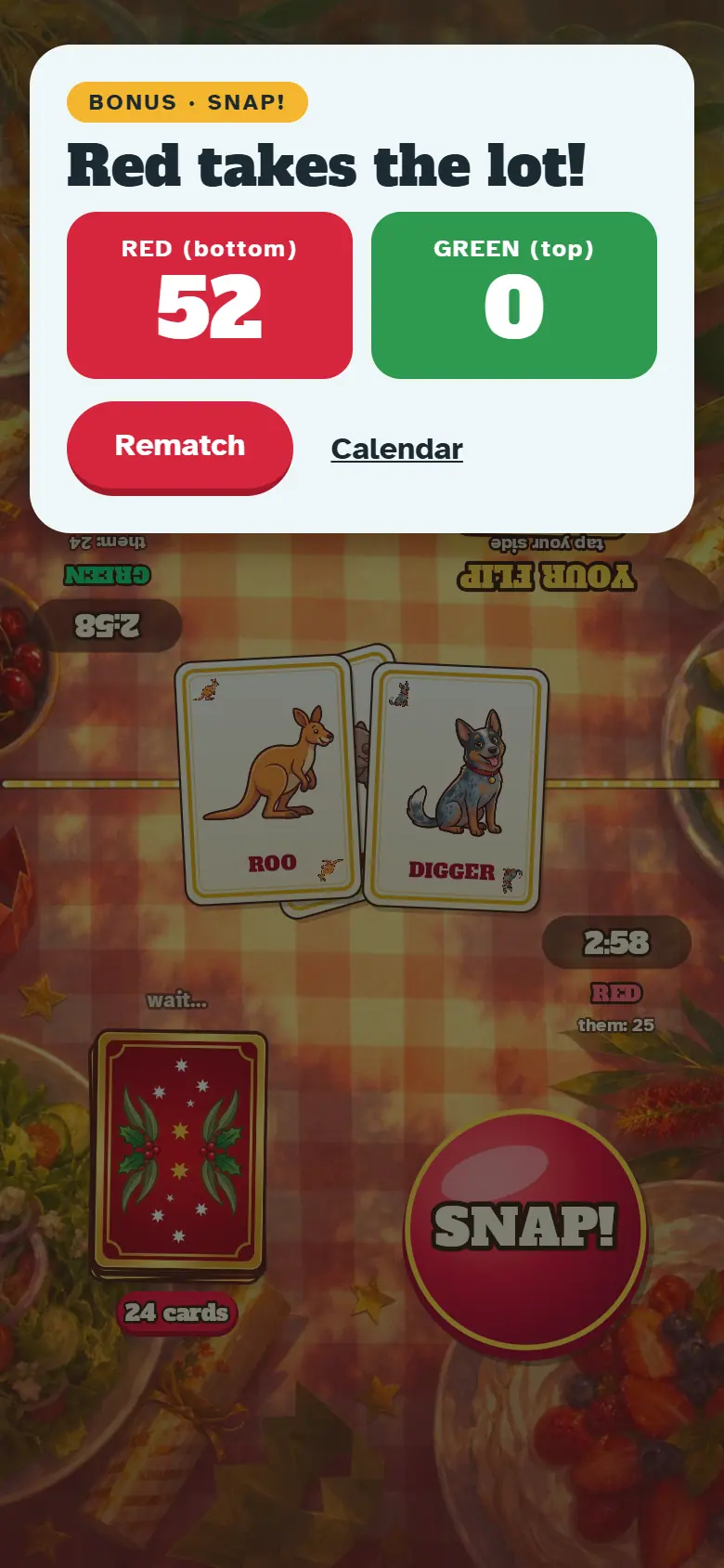Results screen for Snap!, with the score, stars, Play again and the share buttons.