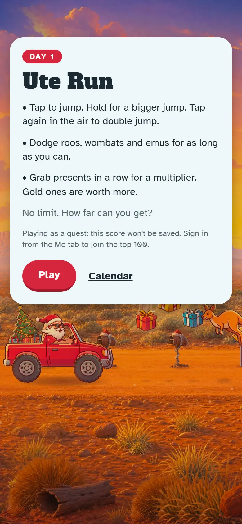 Intro screen for Day 1, Ute Run: the painted scene behind the how-to-play card and the Play button.