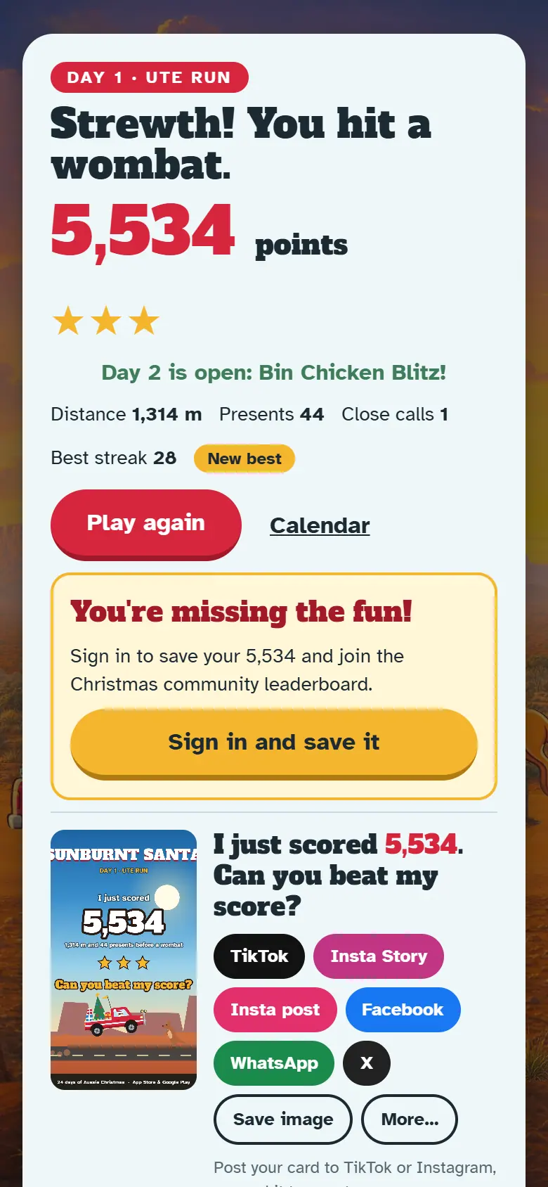Results screen for Day 1, Ute Run, with the score, stars, Play again and the share buttons.