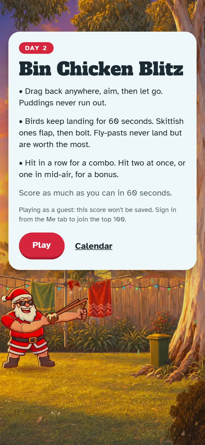 Intro screen for Day 2, Bin Chicken Blitz: the painted scene behind the how-to-play card and the Play button.
