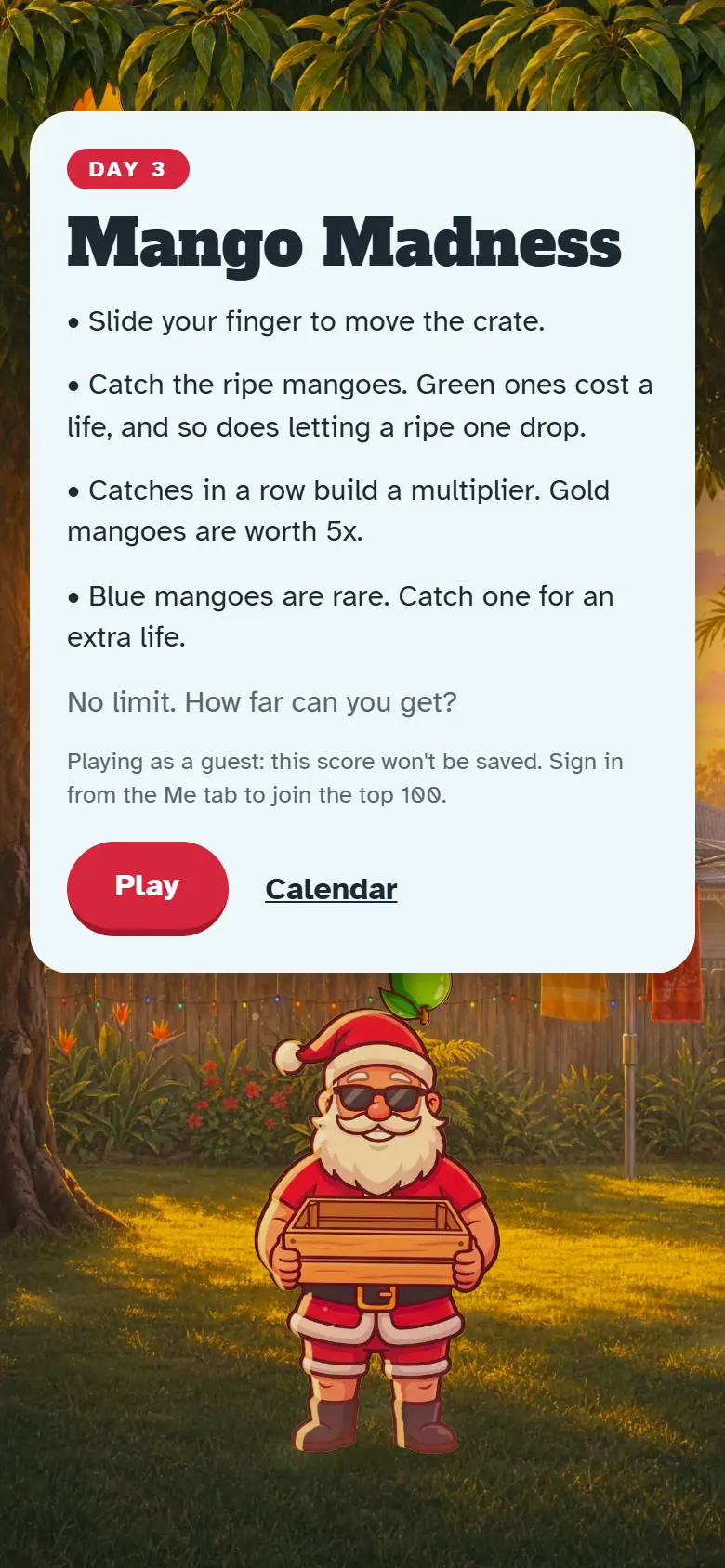 Intro screen for Day 3, Mango Madness: the painted scene behind the how-to-play card and the Play button.