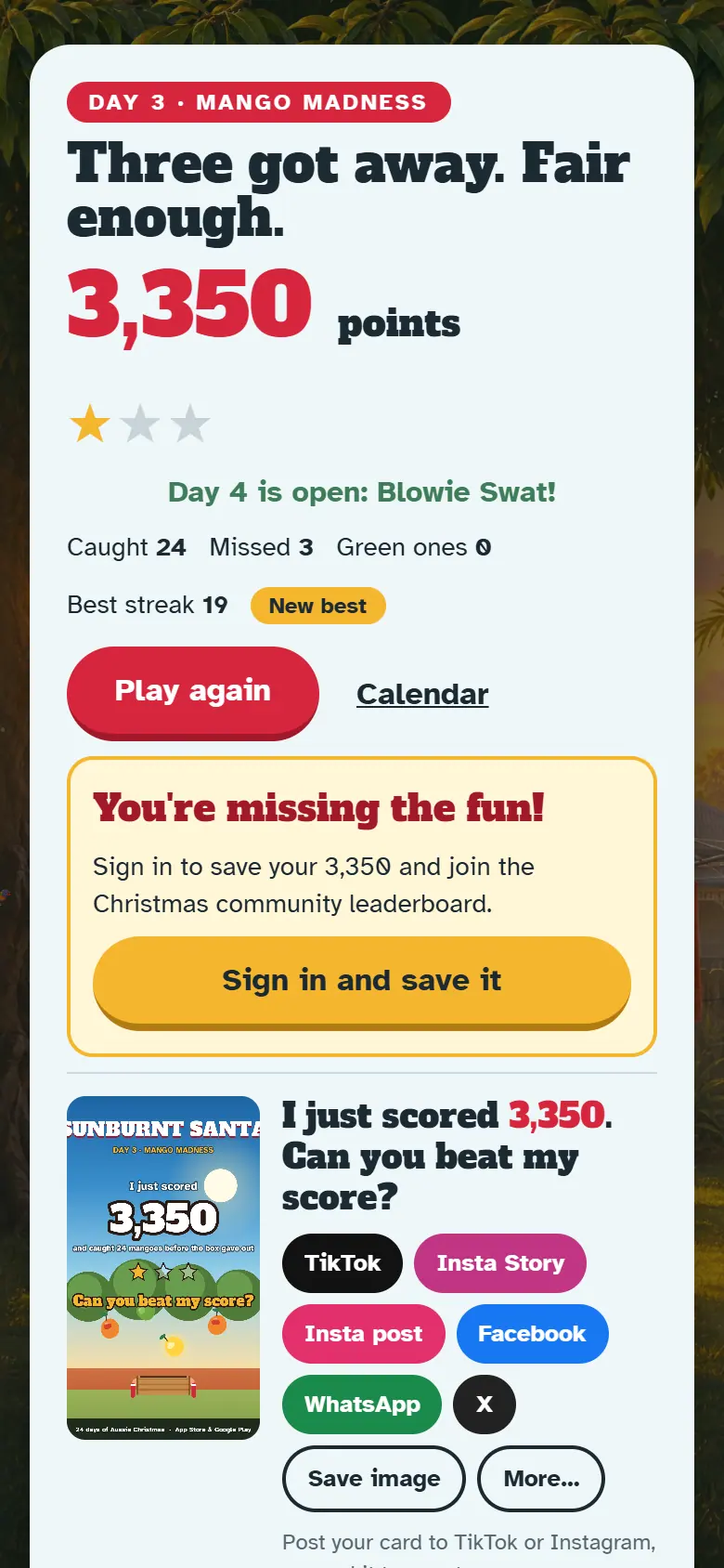 Results screen for Day 3, Mango Madness, with the score, stars, Play again and the share buttons.