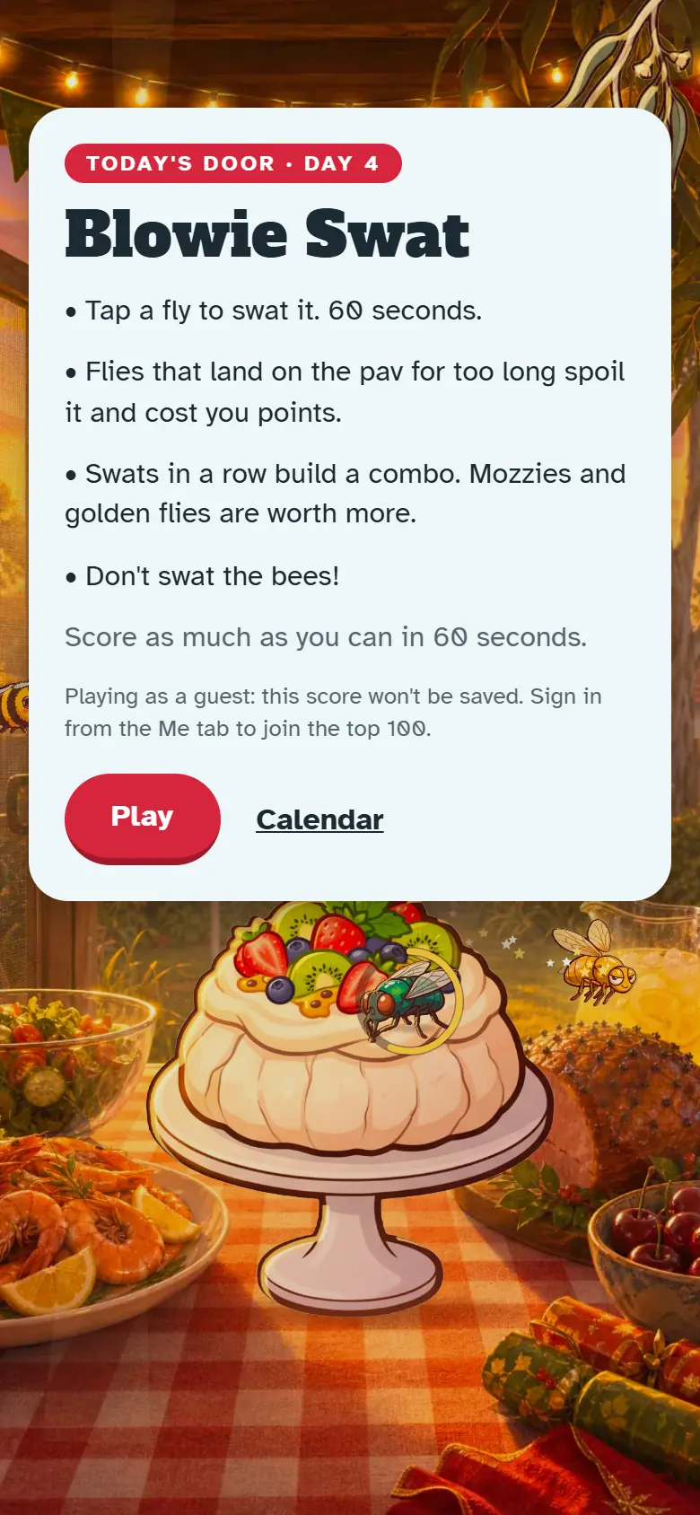 Intro screen for Day 4, Blowie Swat: the painted scene behind the how-to-play card and the Play button.