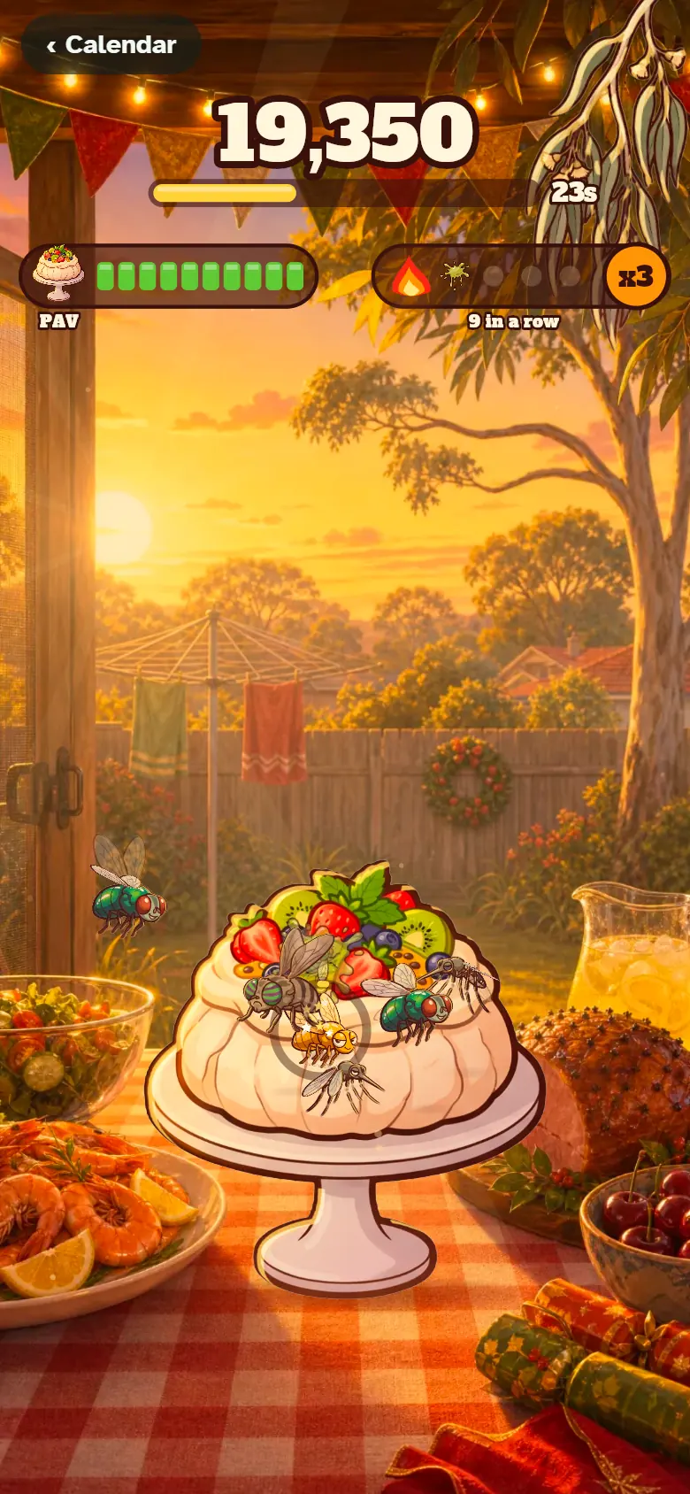 Blowflies land on a pavlova on the Christmas lunch table while the swat combo builds in Blowie Swat.