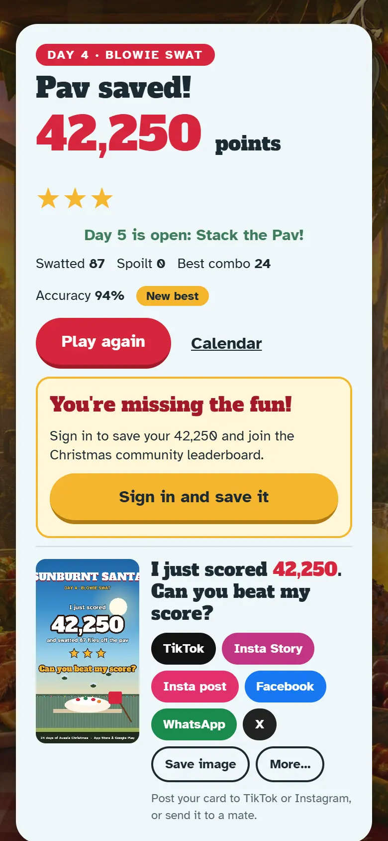 Results screen for Day 4, Blowie Swat, with the score, stars, Play again and the share buttons.
