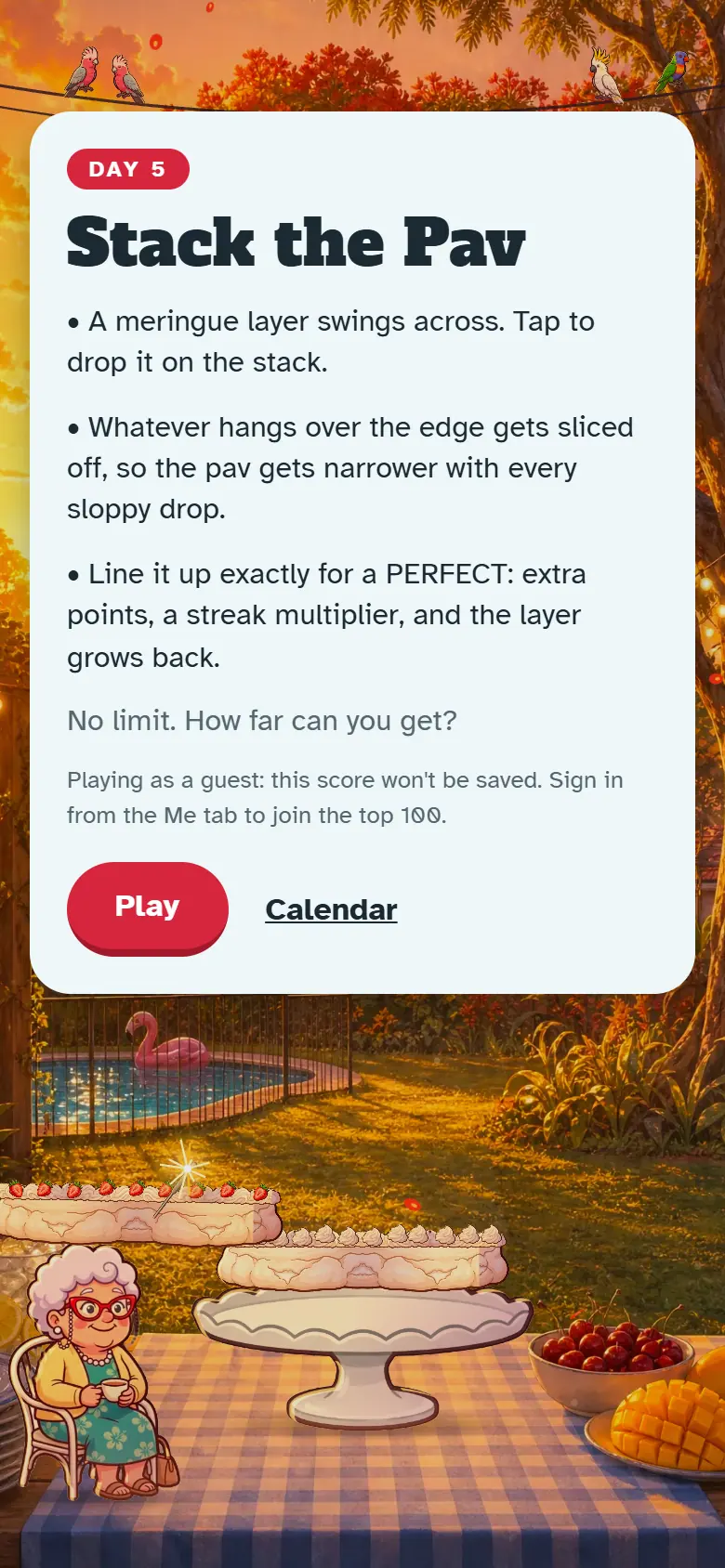 Intro screen for Day 5, Stack the Pav: the painted scene behind the how-to-play card and the Play button.