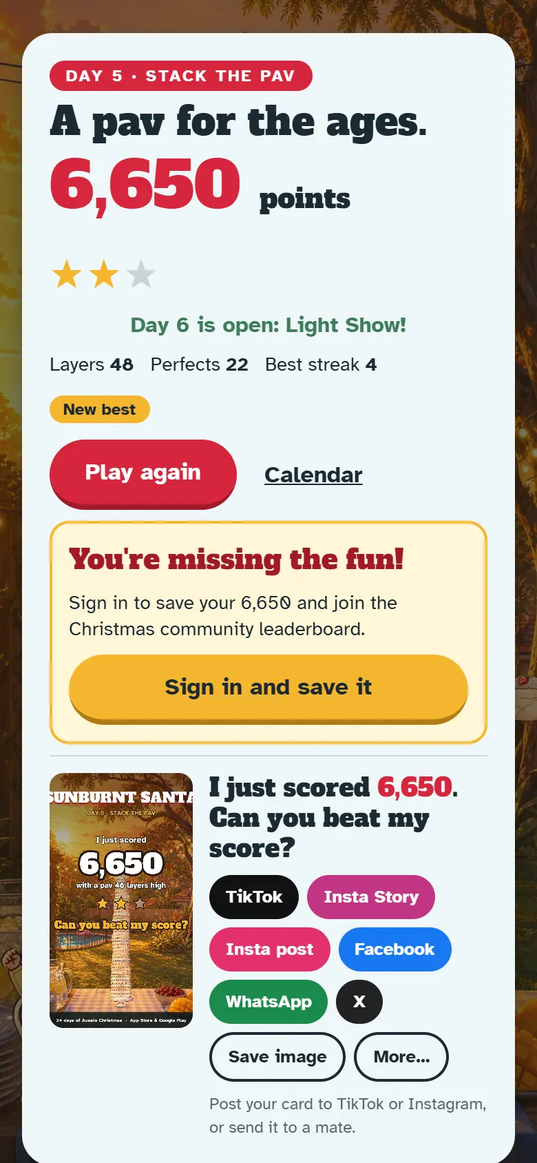 Results screen for Day 5, Stack the Pav, with the score, stars, Play again and the share buttons.