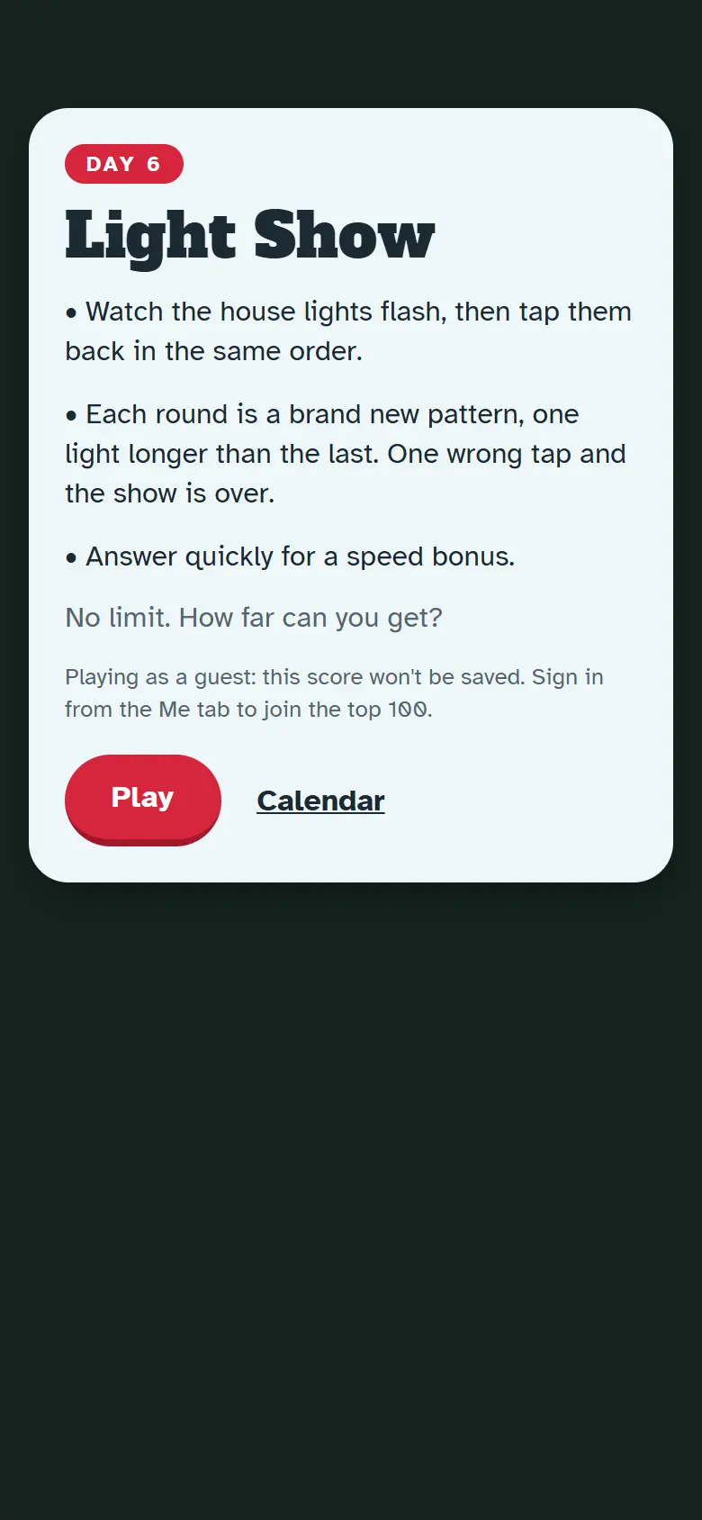Intro screen for Day 6, Light Show: the painted scene behind the how-to-play card and the Play button.