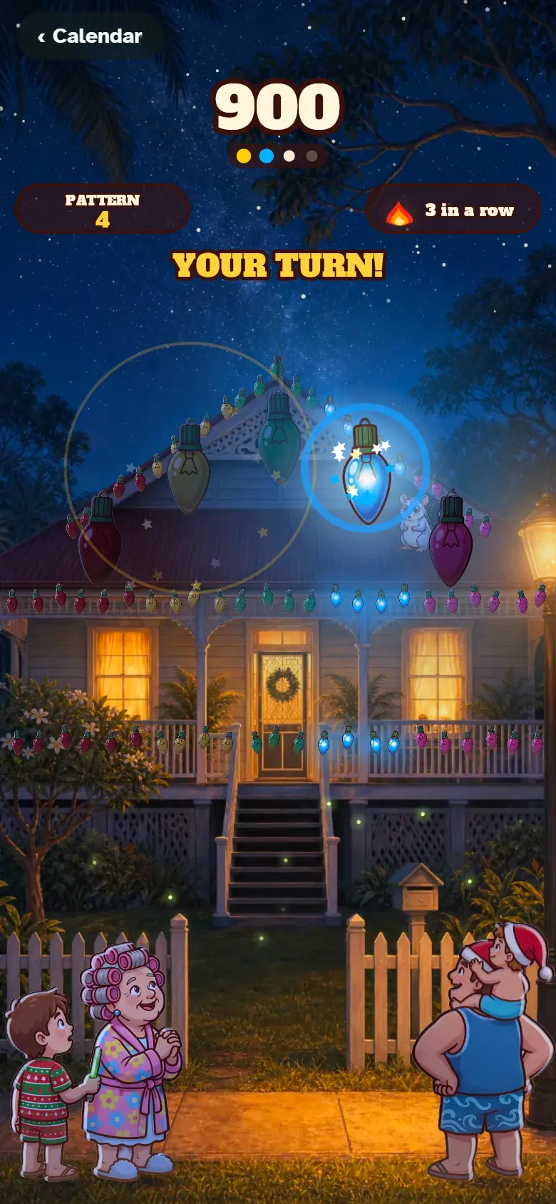A Queenslander house at night strung with Christmas lights; one bulb glows blue to show the pattern to repeat.