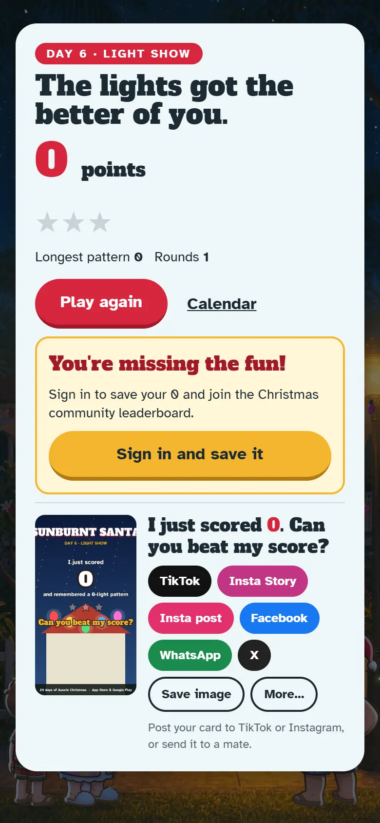 Results screen for Day 6, Light Show, with the score, stars, Play again and the share buttons.