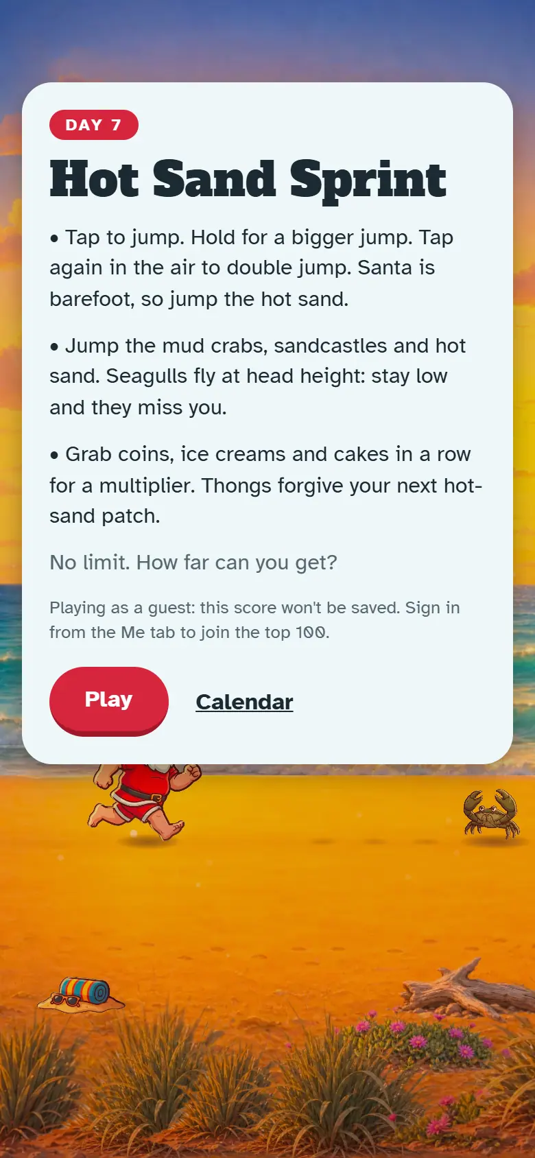 Intro screen for Day 7, Hot Sand Sprint: the painted scene behind the how-to-play card and the Play button.