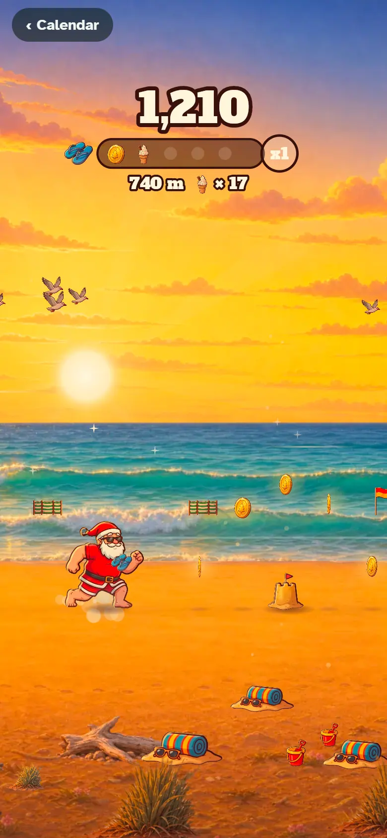 Barefoot Santa sprints along a beach at sunset, jumping hot sand, sandcastles and towels in Hot Sand Sprint.
