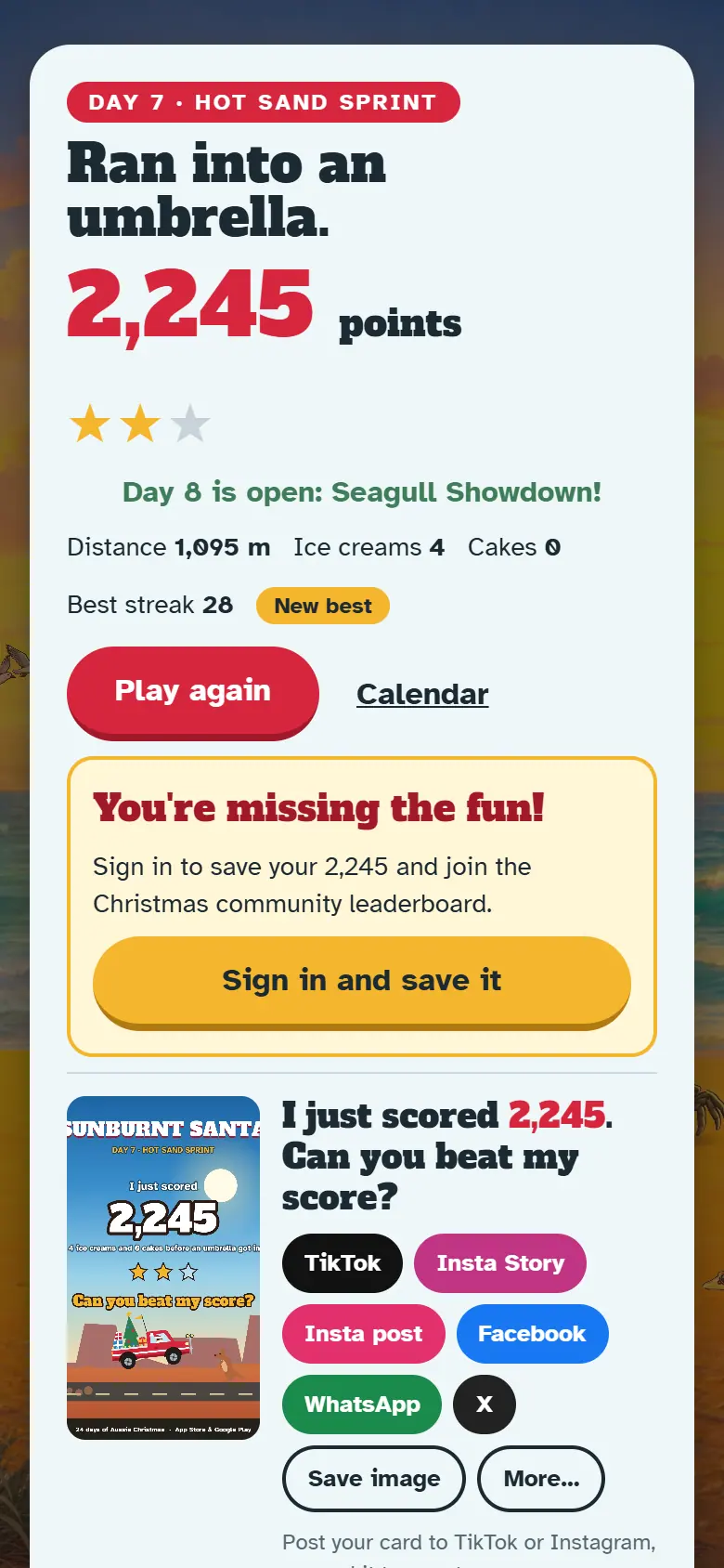 Results screen for Day 7, Hot Sand Sprint, with the score, stars, Play again and the share buttons.