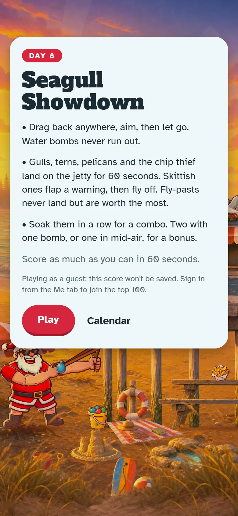 Intro screen for Day 8, Seagull Showdown: the painted scene behind the how-to-play card and the Play button.