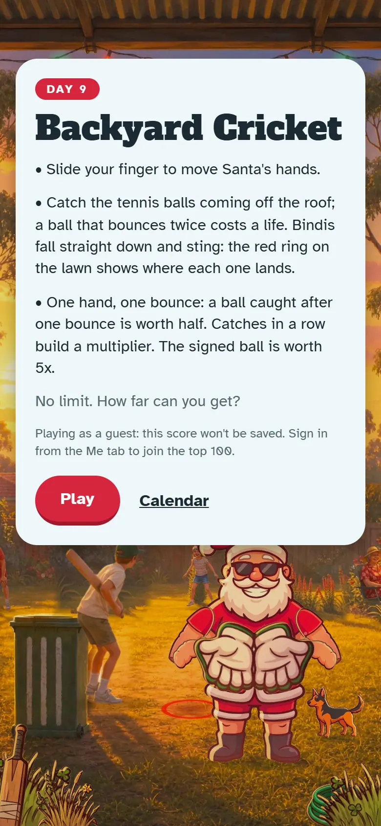Intro screen for Day 9, Backyard Cricket: the painted scene behind the how-to-play card and the Play button.