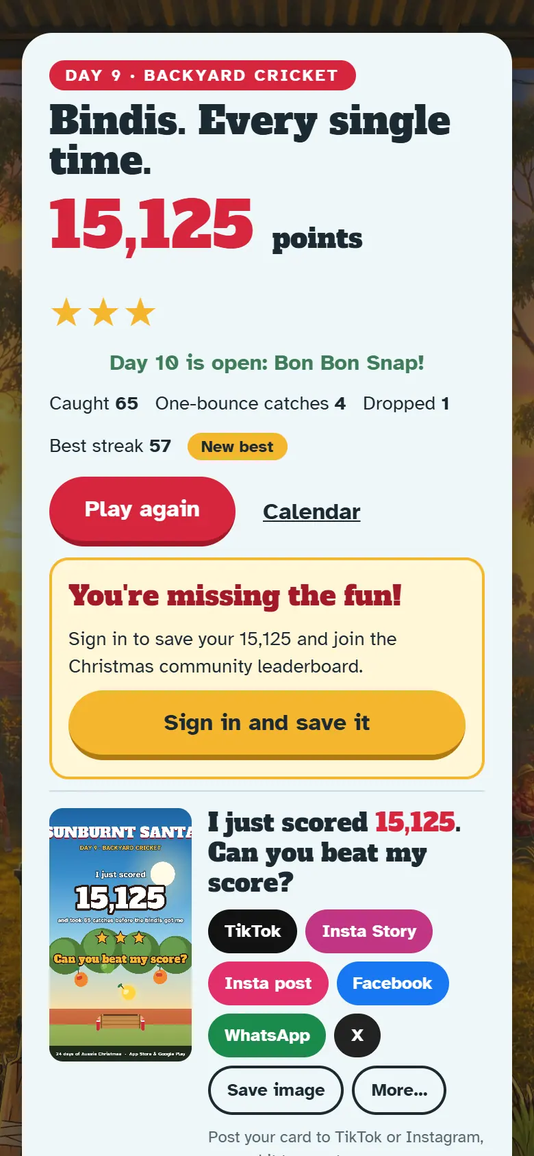 Results screen for Day 9, Backyard Cricket, with the score, stars, Play again and the share buttons.