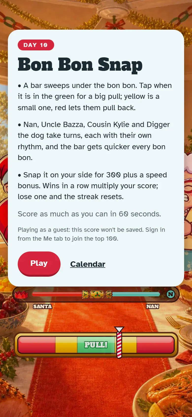 Intro screen for Day 10, Bon Bon Snap: the painted scene behind the how-to-play card and the Play button.