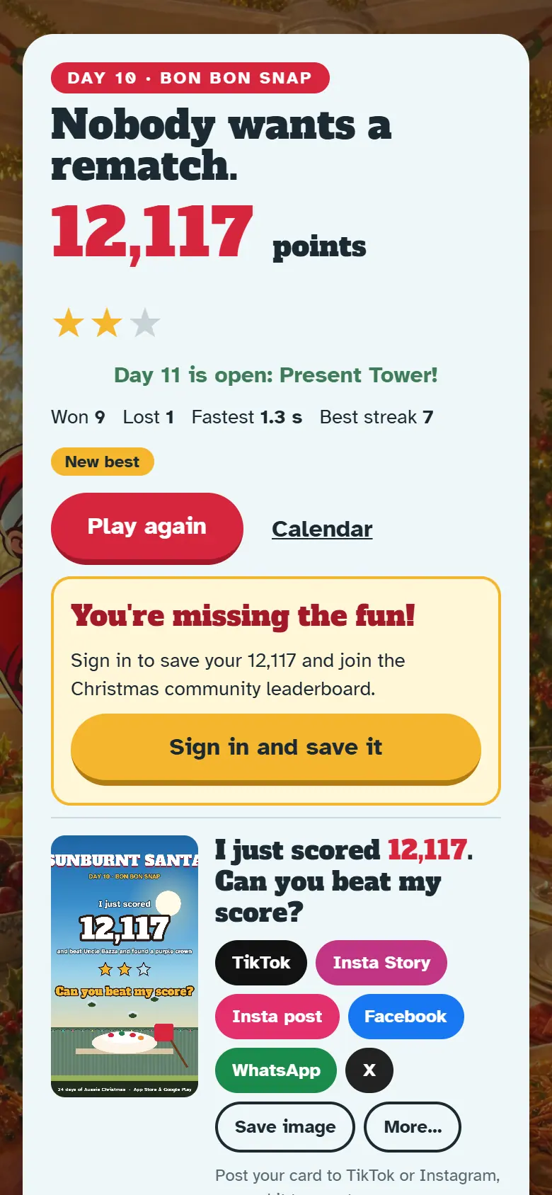 Results screen for Day 10, Bon Bon Snap, with the score, stars, Play again and the share buttons.