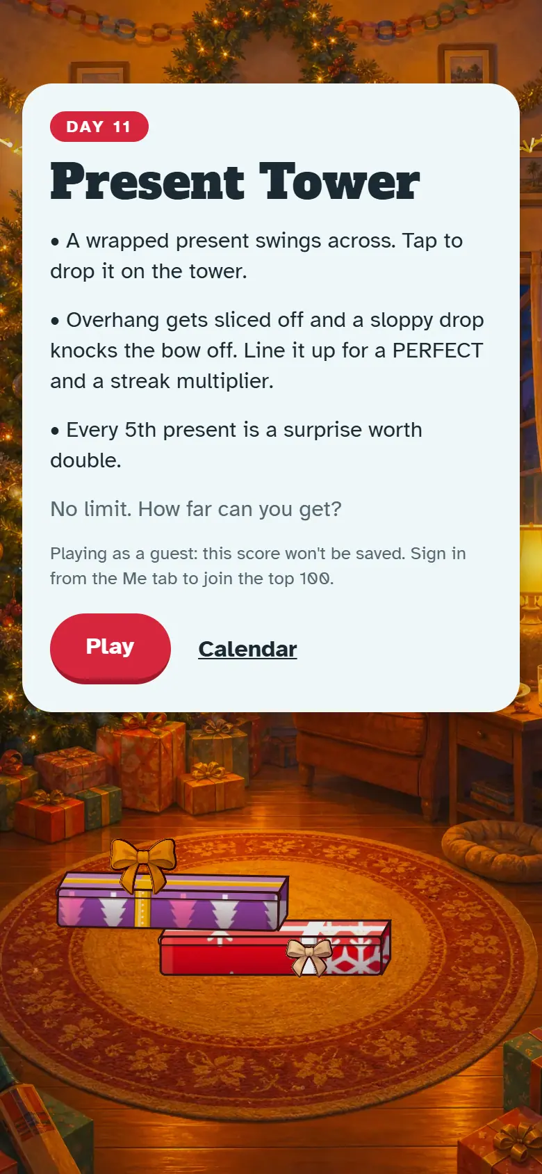 Intro screen for Day 11, Present Tower: the painted scene behind the how-to-play card and the Play button.