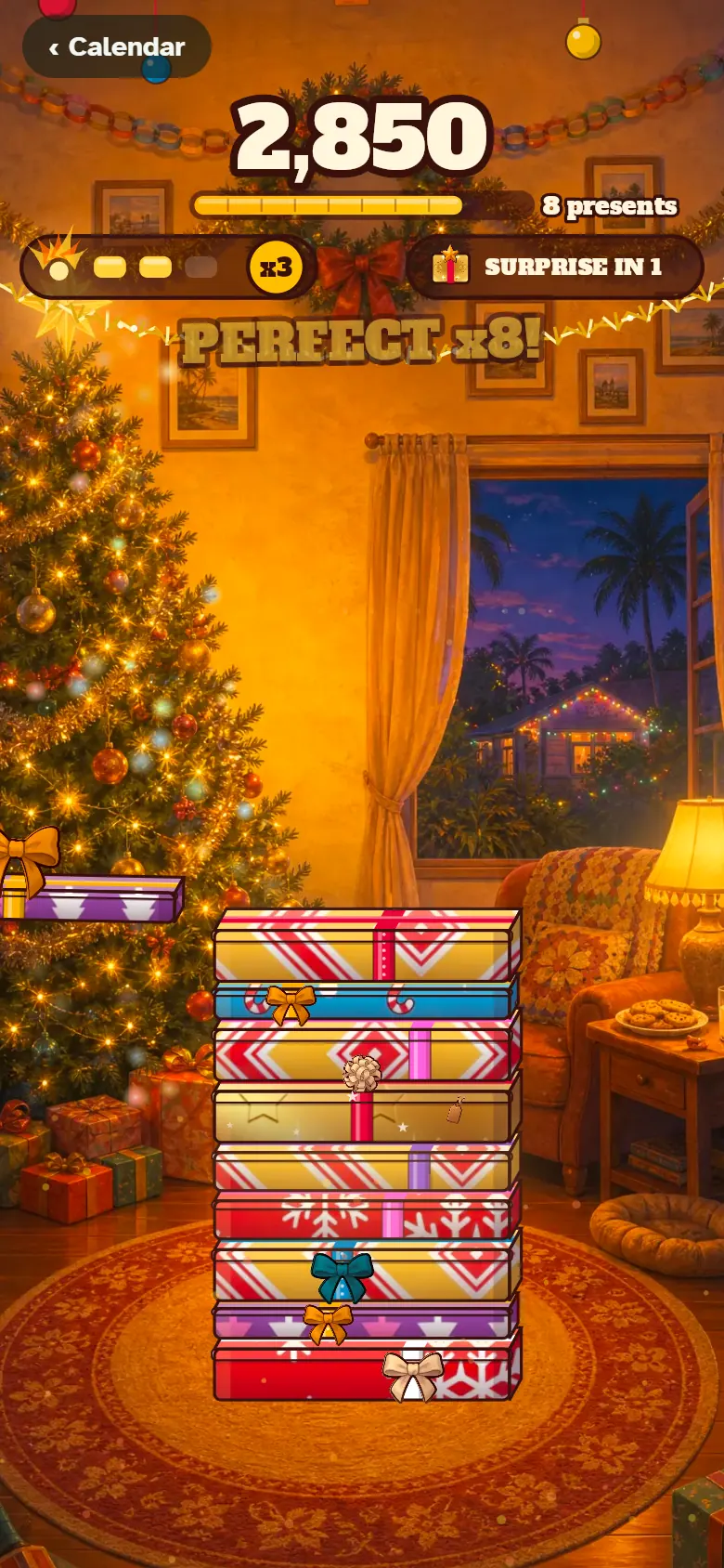 A tower of wrapped Christmas presents stacked high in a lounge room beside the decorated tree.