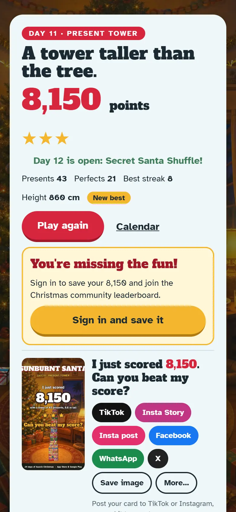 Results screen for Day 11, Present Tower, with the score, stars, Play again and the share buttons.