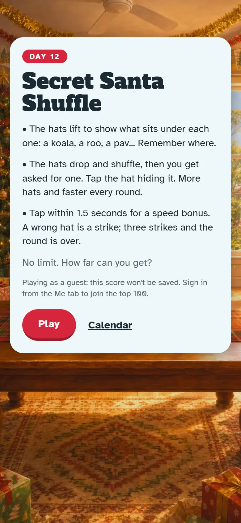 Intro screen for Day 12, Secret Santa Shuffle: the painted scene behind the how-to-play card and the Play button.