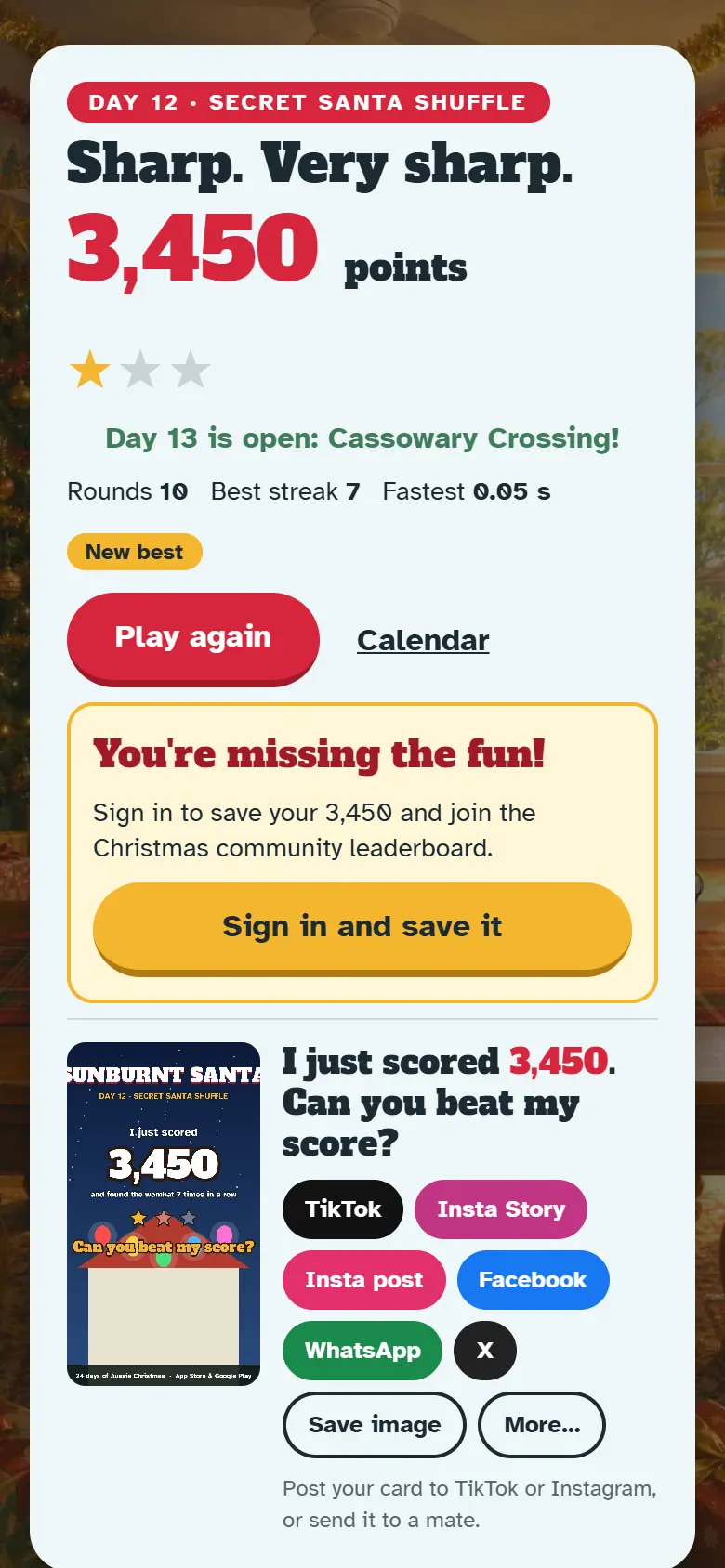 Results screen for Day 12, Secret Santa Shuffle, with the score, stars, Play again and the share buttons.